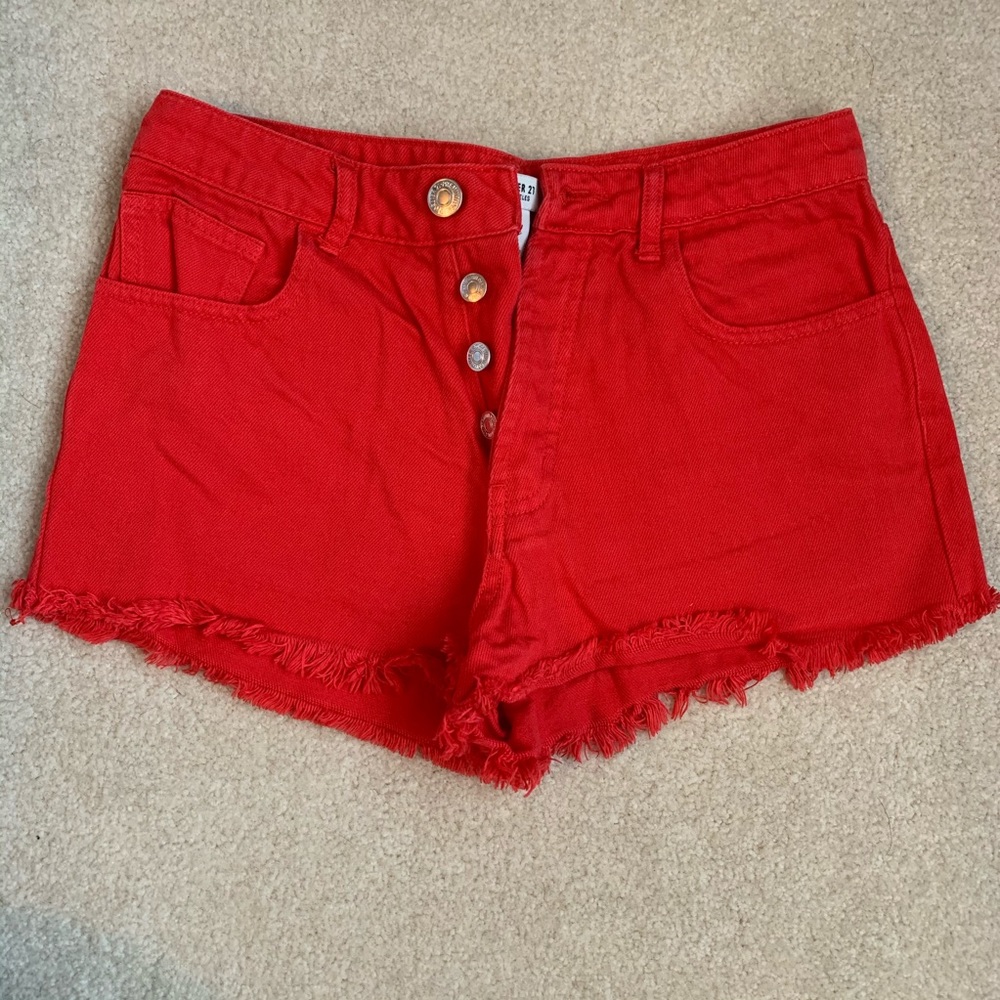 Red denim shorts